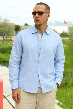 Selected Regclay Linblend LS Shirt Dusty Blue White