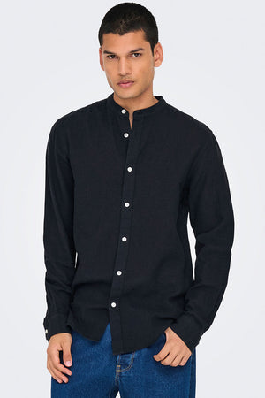 ONLY & SONS CAIDEN LS SOLID LINEN MAO SHIRT Black