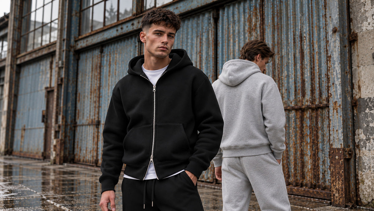 To menn i Jack & Jones Legacy Scuba hoodie og joggebukser i svart og lysegrått