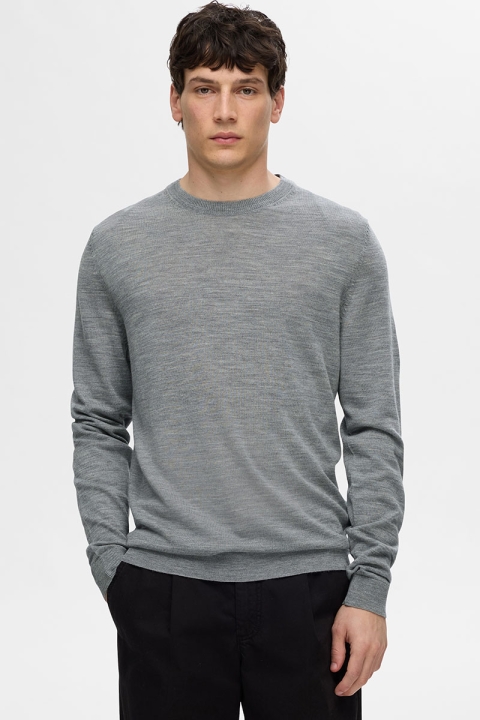 Selected Tray LS Merino Knit Crew Neck Medium Grey Melange